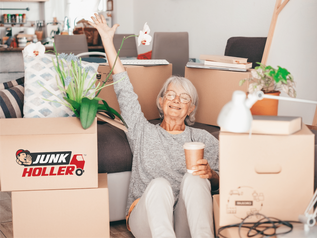 An older woman using the junk removal services for seniors provided by Junk Holler.