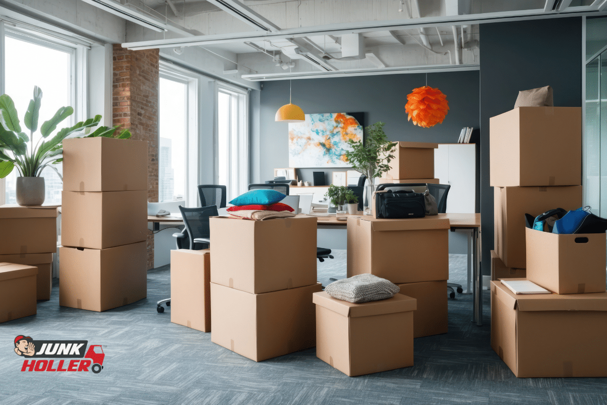 An office being cleared out with items packed into boxes in Boise, Idaho.