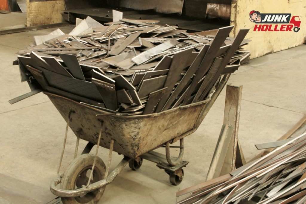 A bunch of scrap metal in a wheelbarrow that will be recycled in Meridian, Idaho.
