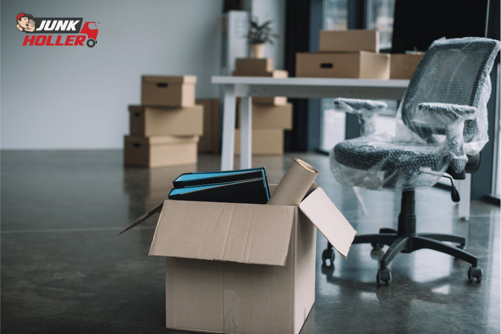 An office being cleared out with items packed and ready to be removed in Meridian, Idaho.