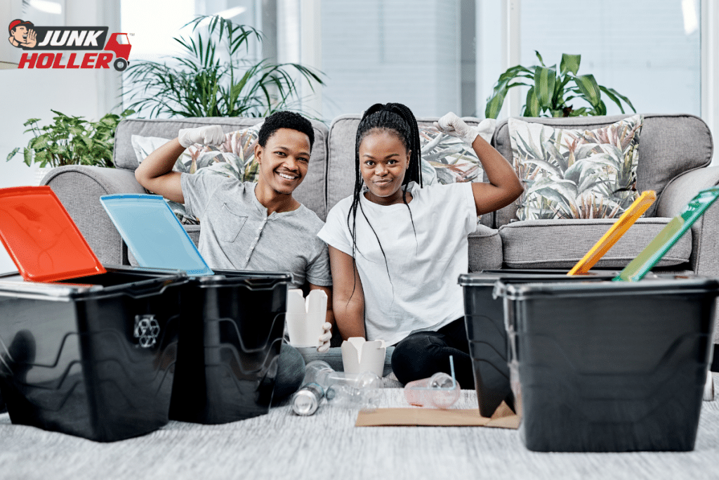 A couple using bins to help declutter their home in Boise, Idaho.