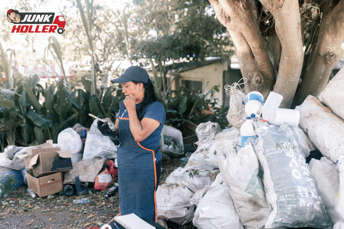 Items sorted in piles in the yard during a hoarding cleanout in Boise, Idaho.