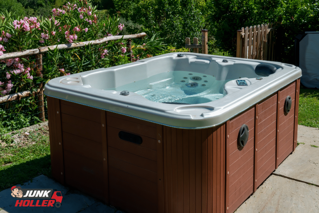 A hot tub in a yard before removal in Boise, Idaho.