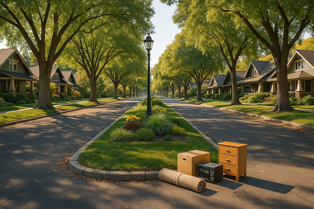Tree‑lined boulevard with Craftsman homes, landscaped median, and discreet curbside items for junk pickup in Boise 83702