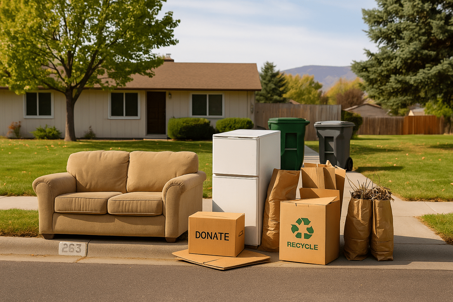Curbside junk removal in West Boise near DeMeyer Park with small fridge, armchair, and yard-debris bags