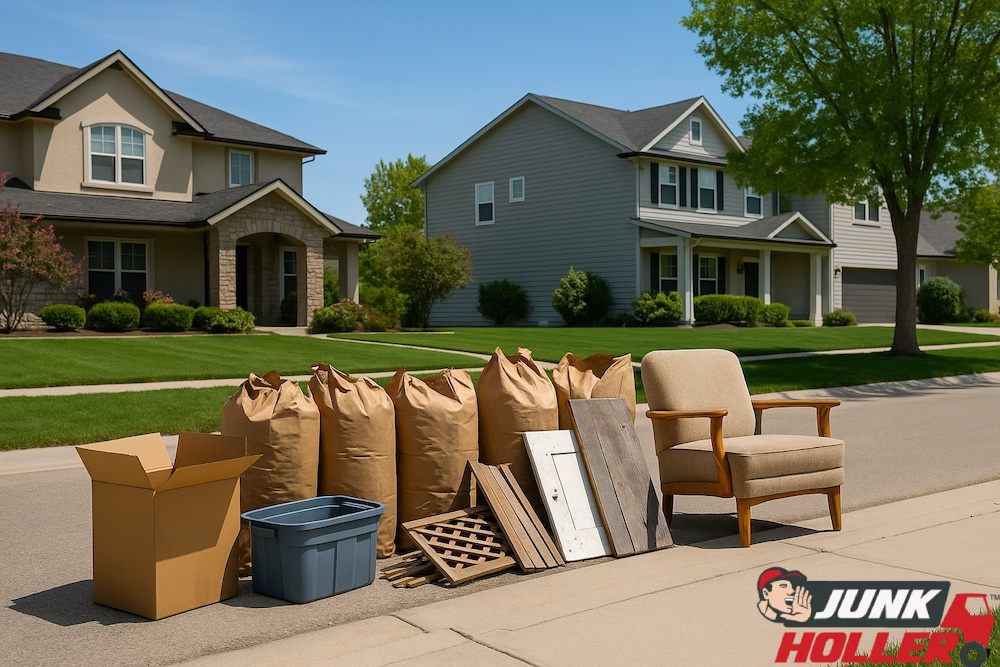 Curbside junk removal in Eagle, ID – bags of yard waste, old furniture, and renovation debris neatly stacked outside suburban homes.