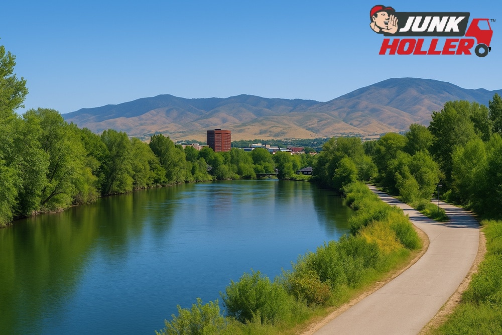 Boise River Greenbelt in Garden City, Idaho with tree-lined walking path and foothills in the background – Junk Holler local junk removal service area.