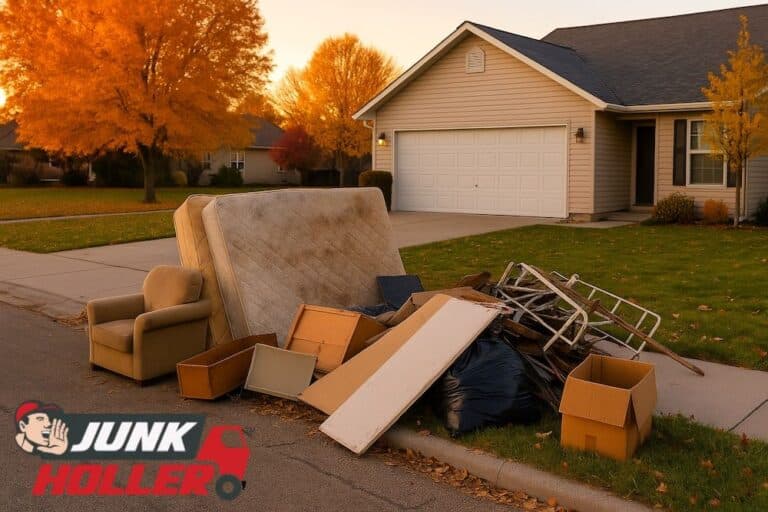 Front yard of a residential home in Garden City, Idaho with junk items including old furniture, mattress, boxes, and debris piled on the lawn for junk removal pickup in the fall season.