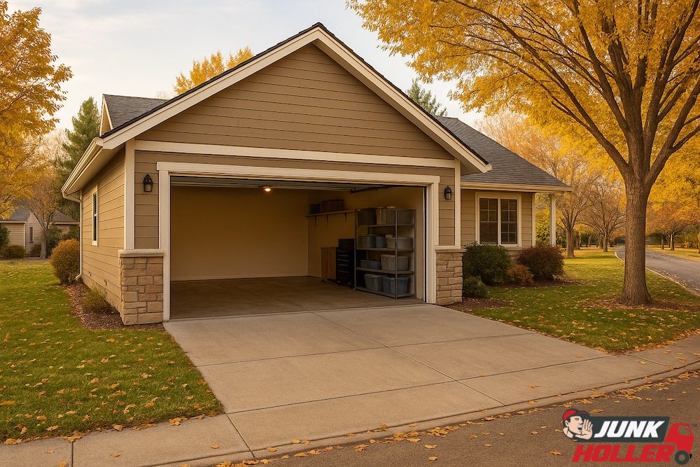 Clean and organized garage in a Hidden Springs home on a tree-lined street during late fall after professional junk removal.