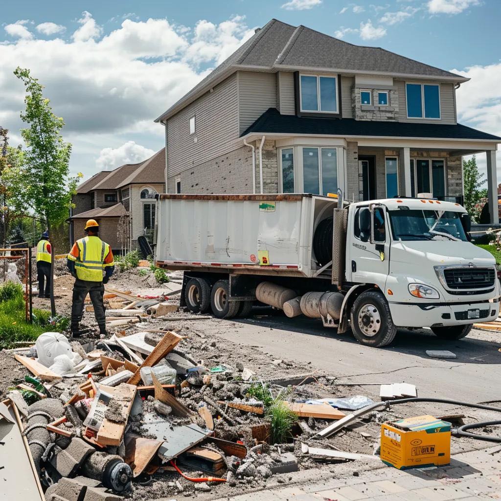A garbage truck parked by a residence, showcasing junk removal efforts in Heritage Grove, Meridian.