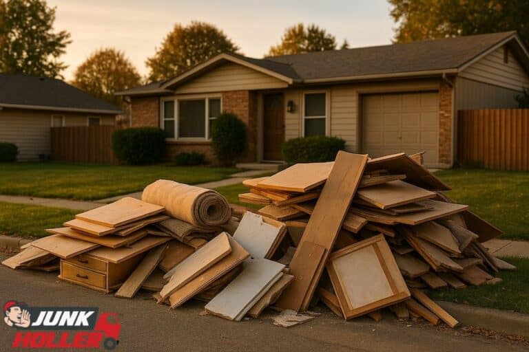 Remodel debris including carpet rolls, broken cabinets, and wood panels stacked neatly at the curb outside a Maple Grove–Franklin Boise home at sunset.