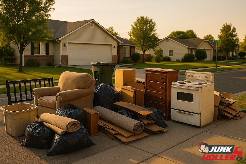 Junk items including an old armchair, stove, dresser, boxes, and carpet neatly stacked at the curb for pickup in a Maple Grove–Franklin Boise neighborhood at sunset.