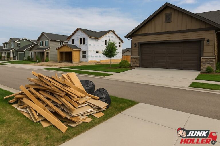 Construction debris and junk neatly stacked at the curb in front of new and established homes in a Meridian neighborhood, ready for pickup.