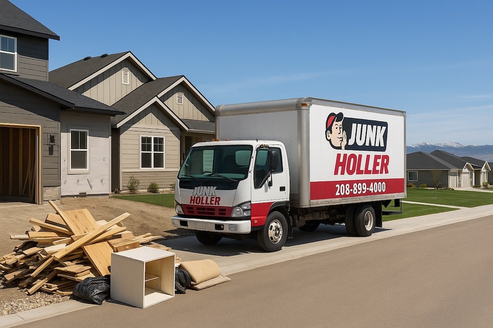 Junk Holler truck parked in a Meridian neighborhood next to construction debris, highlighting junk removal services for both new construction and established homes.