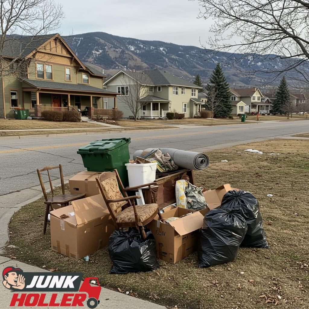 Late afternoon junk removal scene in North Boise with boxes and yard bags in front of craftsman homes and foothills behind