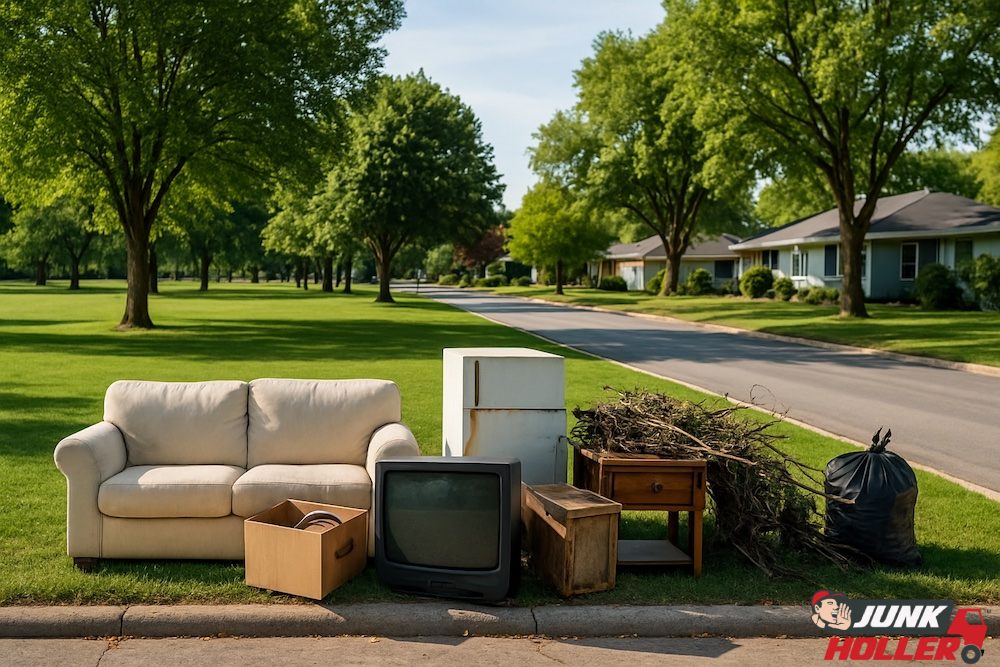 Curbside junk removal in Sunset, Boise with old furniture, appliances, and yard debris set out along a quiet tree-lined street near Sunset Park.