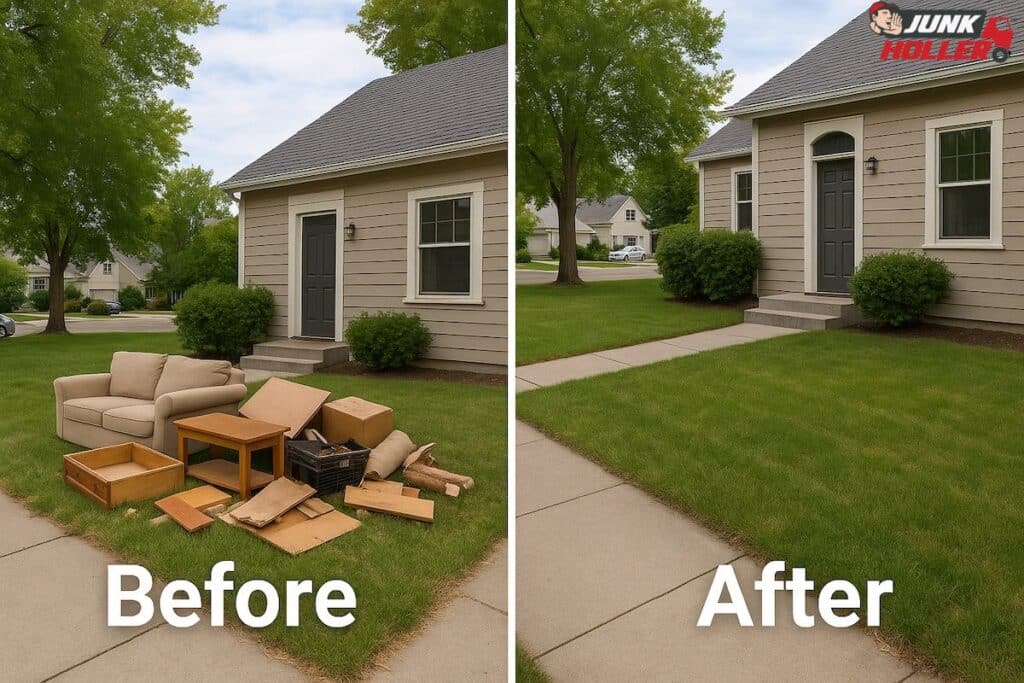 Split-screen image of a Veterans Park Boise home showing a front yard before junk removal with scattered furniture and debris, and after cleanup with a clear lawn.