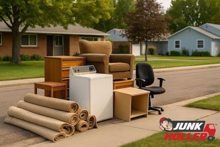 Residential junk removal in West Bench, Boise — discarded furniture, rolled carpet, an old washer, and office chair stacked neatly at the curb in front of mid-century homes.