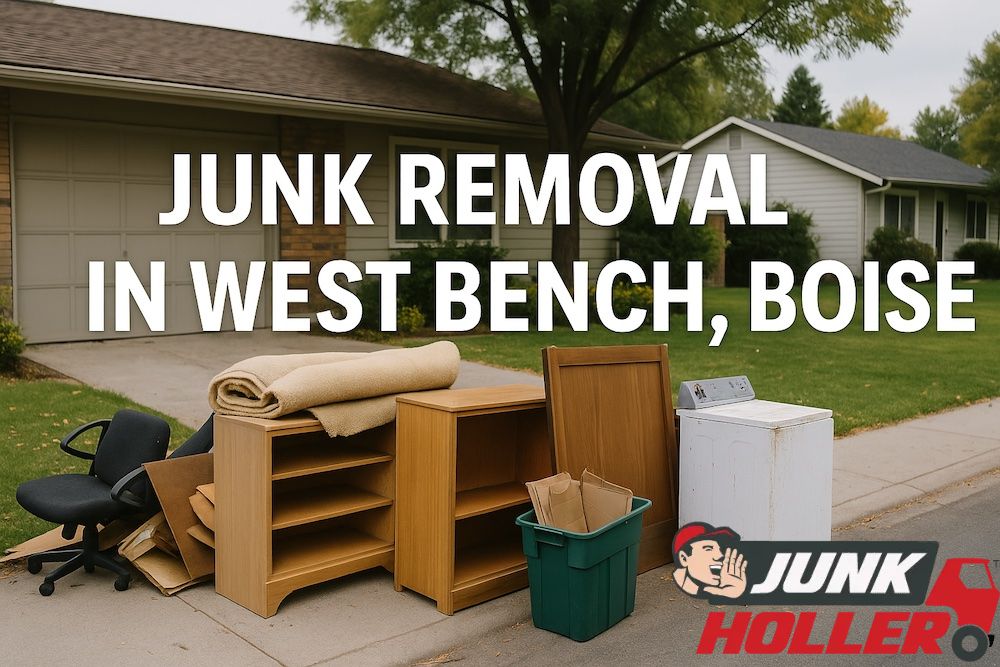Residential junk removal in West Bench, Boise — discarded furniture, carpet, office chair, and old washer stacked neatly at the curb in front of mid-century homes.