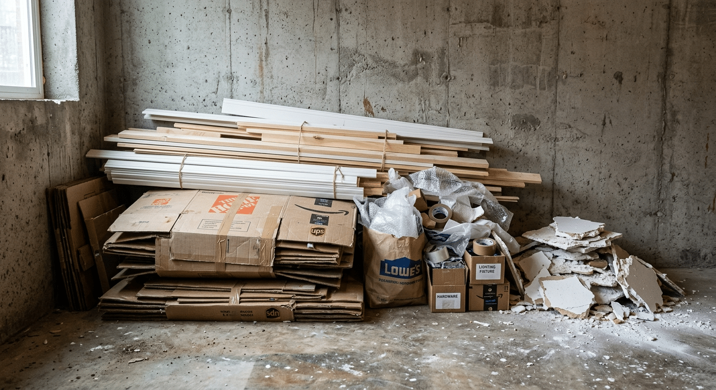 constructions debris consisting of * cardboard * trim * light wood * packaging * small drywall pile