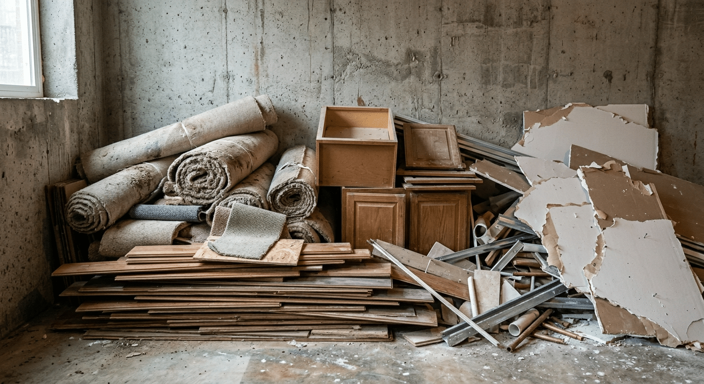 construction debris consisting of * flooring pile * drywall * cabinets * carpet * mixed remodel debris