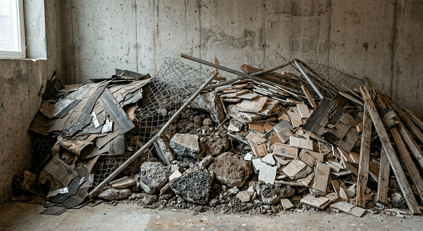 construction debris consisting of * concrete * tile * roofing * fencing * dense debris