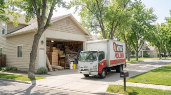Junk Holler truck parked in the driveway of a Greenleaf, Idaho home next to a garage packed with boxes, furniture, and miscellaneous clutter ready for removal