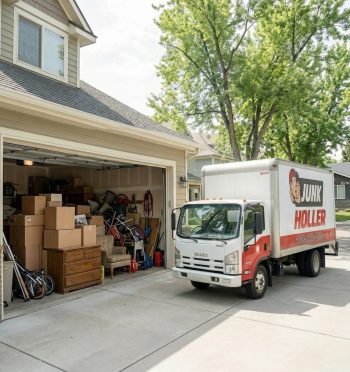 Junk Holler truck parked in the driveway of a Star, Idaho home next to a garage packed with boxes, furniture, and clutter ready for removal