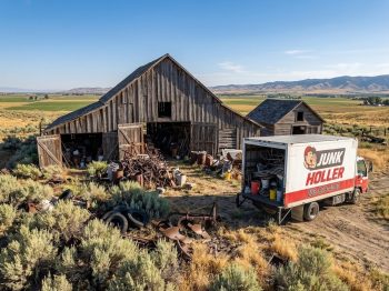 Junk Holler truck parked at a weathered barn on a Middleton, Idaho acreage property surrounded by scrap metal, old farm equipment, and debris ready for removal.