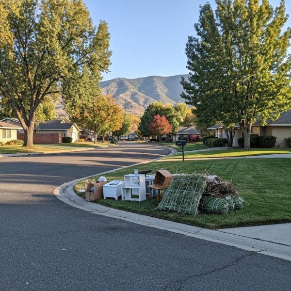 Curbside junk pile in a Northwest Boise neighborhood near Pierce Park, with mature trees and foothill views.