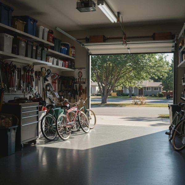 Neat empty garage with shelving and bikes facing a leafy North Boise street near Hyde Park after Junk Holler pickup